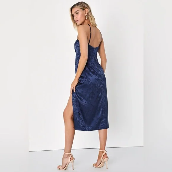Desirable Dream Navy Blue Satin Jacquard Halter Neck Midi Dress - Picture 5 of 5